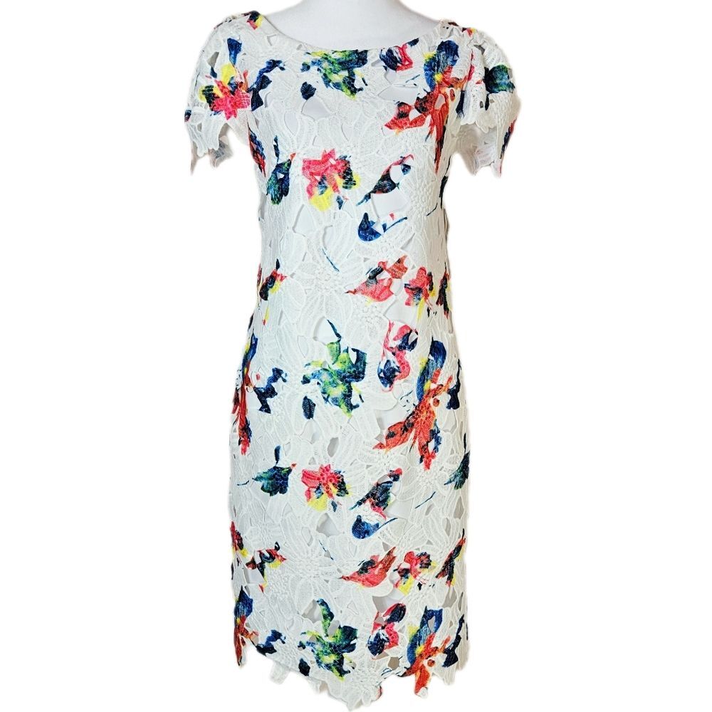 Sharagano Watercolor White Lace Sheath Dress Women's 8 Rainbow Vibrant Artsy NWT